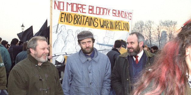 Labour MP Jeremy Corbyn (centre) pictured with Sinn Fein's Francie Molloy (right) and Gerry MacLochlainn during a demonstration march to marks 20 years since Bloody Sunday