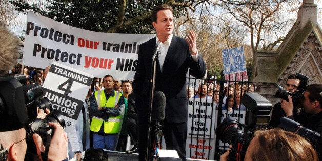 Conservative leader David Cameron addresses surgical trainees protest during a doctor's demonstration in central London today.