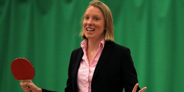 NORWICH, ENGLAND - MAY 28: Sports Minister Tracey Crouch MP plays table tennis during her visit to the Sport England 'Fit for Fun' project at the University of East Anglia on May 28, 2015 in Norwich, England. (Photo by Stephen Pond/Getty Images for Sport England)