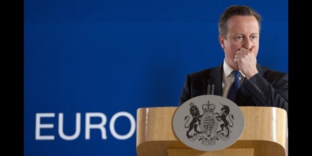 British Prime Minister David Cameron pauses before speaking during a final media conference after an EU summit in Brussels on Friday, June 26, 2015. EU leaders, in a second day of meetings, discussed migration, the Greek bailout and European defense. (AP Photo/Virginia Mayo)