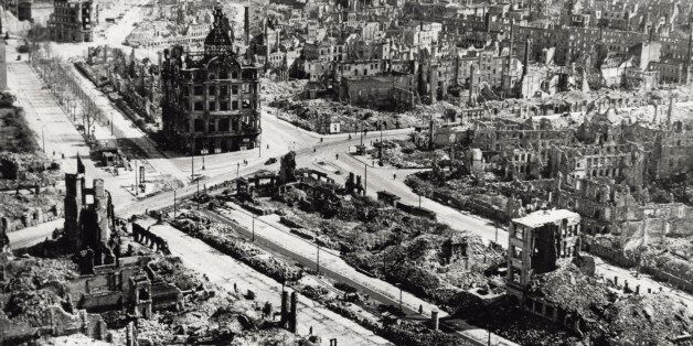 Aerial view of Dresden city centre, the area around Pirnaischer Platz, devastated by the Anglo-American bombing of the 13th and 14th of February 1945; the wreck of the Kaiserpalast, that would be pulled down in 1951, is still standing. Dresden (Germany), June 1945. (Photo by Mondadori Portfolio via Getty Images)