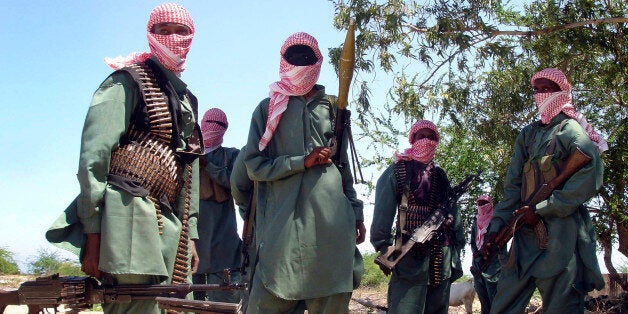 FILE - This Nov. 4, 2008 file photo shows members of Somalia's al-Shabab jihadist movement seen during exercises at their military training camp outside Mogadishu. Al-Shabab have claimed responsibility for the gun and grenade attack on a shopping mall in Nairobi, Kenya Saturday Sept 21 which has left dozens dead and wounded, apparently in retaliation for Kenya's military participation in peace-keeping efforts in Somalia. (AP Photo/File)