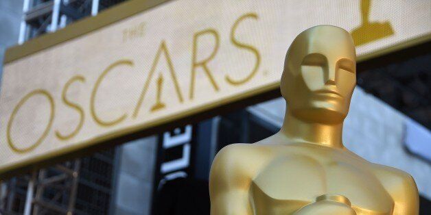 An Oscar statue is seen at the red carpet arrivals area as preparations continue for the 88th Annual Academy Awards