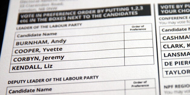 LONDON, ENGLAND - AUGUST 19: A Labour Party leadership ballot paper is displayed on August 19, 2015 in London, England. Labour Party members are due to vote in the Party leadership contest with results announced on the 12 September. Left-wing candidate Jeremy Corbyn widely expected to win. (Photo by Carl Court/Getty Images)