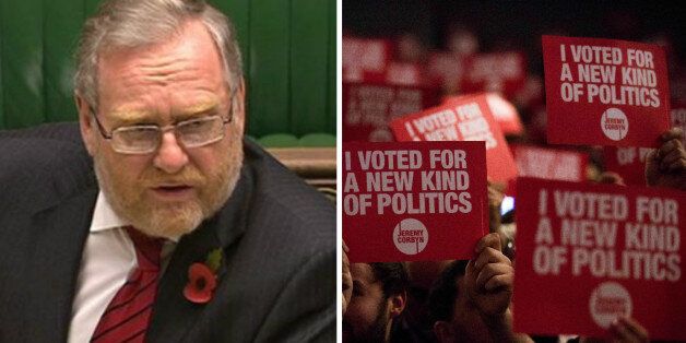 John Spellar, left; a group of 'Momentum' supporters wave placards, right