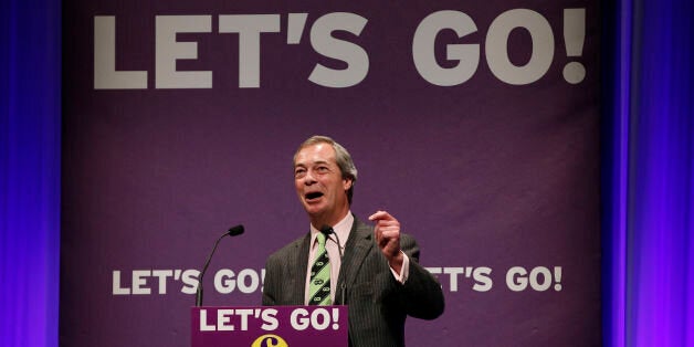 Nigel Farage leader of the UKIP Party makes his keynote address during their Spring Conference in Llandudno, North Wales.