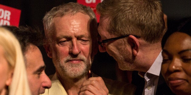 LONDON, ENGLAND - SEPTEMBER 10: Len McCluskey (R), General Secretary of Unite, speaks to Jeremy Corbyn (L), MP for Islington North and candidate in the Labour Party leadership election, after a campaign event at the Rock Tower on September 19, 2015 in London, England. Voting closed in the Labour Party leadership contest with the results of which due to be announced on September 12. (Photo by Rob Stothard/Getty Images)