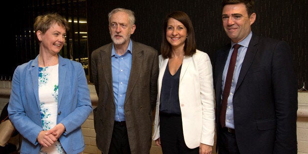 STEVENAGE, ENGLAND - AUGUST 25: Labour leadership candidates (L-R) Yvette Cooper, Jeremy Corbyn, Liz Kendall and Andy Burnham pose for a photograph ahead of a radio hustings on August 25, 2015 in Stevenage, England. Candidates are continuing to campaign for Labour party leadership with polls placing left-winger Jeremy Corbyn in the lead. Voting is due to begin on the 14th of August with the result being announced on the 12th of September. (Photo by Carl Court/Getty Images)