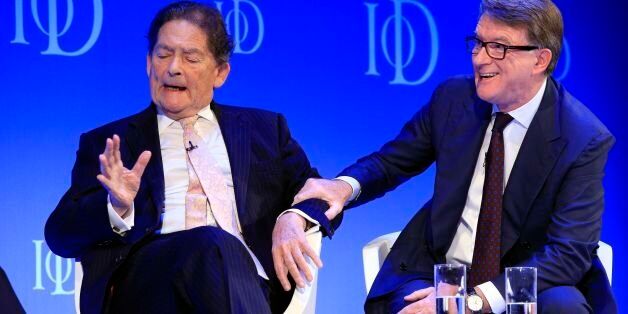 Former chancellor Nigel Lawson (left) and former business secretary Lord Peter Mandelson at the Institute of Directors convention at the Royal Albert Hall, London, during a debate on the future of the European Union.