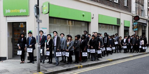 A queue of youths is seen outside the Job Centre in Charing Cross, London, to raise awareness of the million young people out of work in the UK.