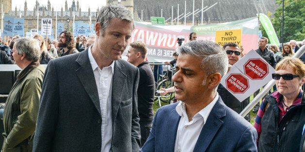 LONDON, ENGLAND - OCTOBER 10: Conservative Mayoral candidate Zac Goldsmith (L) and Labour Mayoral candidate Sadiq Khan attend a rally against a third runway at Heathrow airport, in Parliament Square on October 10, 2015 in London, England. Before today's rally against a third runway at Heathrow, Parliamentary hearings were announced yesterday to investigate whether the increase in flight traffic will break toxic air limits. (Photo by Chris Ratcliffe/Getty Images)