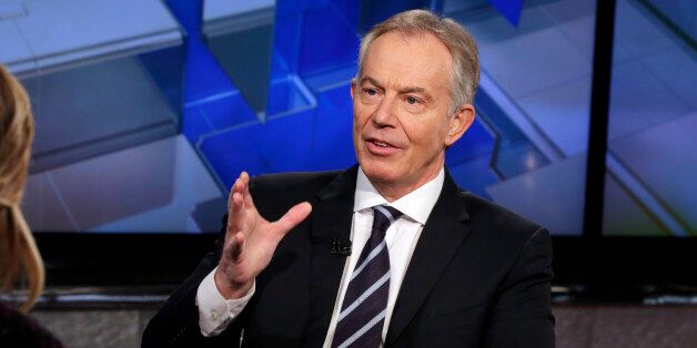 Former British Prime Minister Tony Blair is interviewed by Maria Bartiromo during her