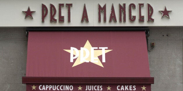 General view of a Pret a Manger store sign on Oxford Street in London.