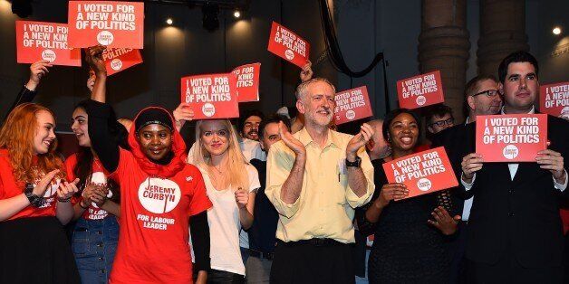 British Labour Party Leadership contender Jeremy Corbyn (C) poses for pictures with supporters after addressing a rally at the Rock Tower in north London on September 10, 2015. Voting closed in the leadership contest for Britain's main opposition Labour party on Thursday after a campaign dominated by the shock popularity of radical left candidate Jeremy Corbyn, who looks set to win. AFP PHOTO / BEN STANSALL (Photo credit should read BEN STANSALL/AFP/Getty Images)