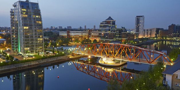 Elevated view of red bridge at the Manchester ship canal in the regenerated Salford Quays, Manchester
