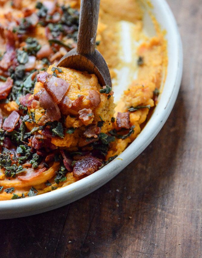 Bourbon Bacon Whipped Sweet Potatoes With Brown Butter And Crispy Sage