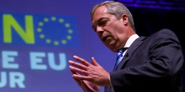 Leader of the UK Independence Party (UKIP) Nigel Farage, gives a speech to a crowd of supporters at the first public meeting in the partys referendum campaign as they kick off their 'Say No To The EU' tour in Margate on September 7