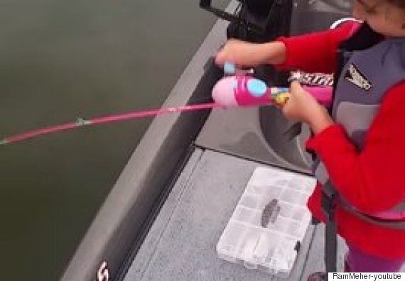 Dad Overexcited As Young Daughter Catches Huge Fish With Her Bright Pink Barbie  Fishing Pole