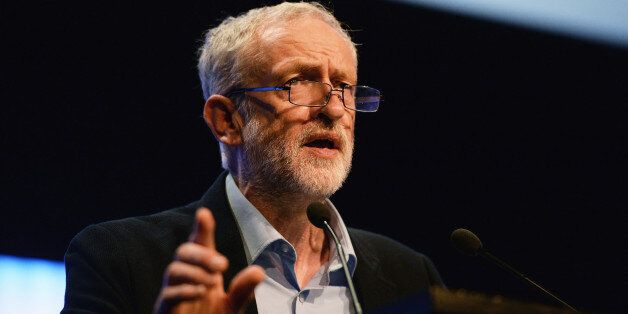 BRIGHTON, ENGLAND - SEPTEMBER 15: Labour party leader Jeremy Corbyn addresses the TUC Conference at The Brighton Centre on September 15, 2015 in Brighton, England. It was Mr Corbyn's first major speech since becoming leader of the party at the weekend and he received a standing ovation from the members of the TUC. (Photo by Mary Turner/Getty Images)