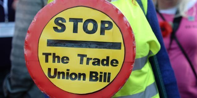TUC members queue outside the Houses of Parliament to lobby against the Trade Union Bill, London.