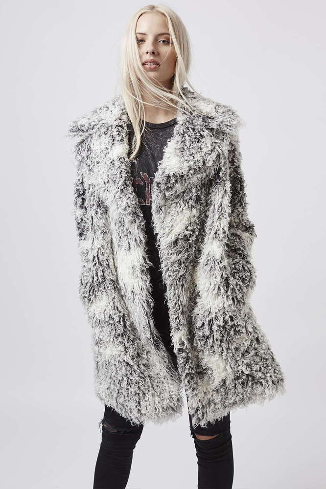 Topshop Curly Faux Fur Double Breasted Coat