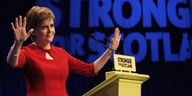 Scotland's First Minister and leader of the Scottish National Party (SNP), Nicola Sturgeon, acknowledges delegates before beginning her keynote address on the final day of the SNP conference in Aberdeen, northeast Scotland, on October 17, 2015. AFP PHOTO / ANDY BUCHANAN (Photo credit should read Andy Buchanan,Andy Buchanan/AFP/Getty Images)