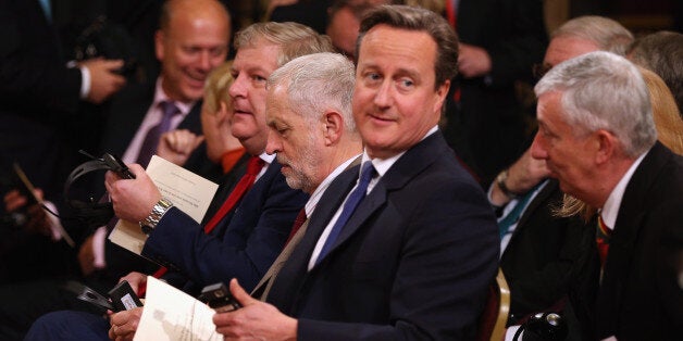 LONDON, ENGLAND - OCTOBER 20: British Prime Minister David Cameron (centre), Labour leader Jeremy Corbyn (centre right) wait to listen to China's President, Xi Jinping address MPs and peers in Parliament's Royal Gallery on October 20, 2015 in London, England. The President of the People's Republic of China, Mr Xi Jinping and his wife, Madame Peng Liyuan, are paying a State Visit to the United Kingdom as guests of the Queen. They will stay at Buckingham Palace and undertake engagements in London