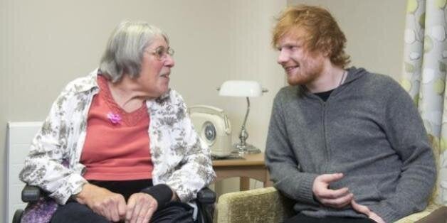 Ed Sheeran with a resident of the Mills Meadow care home in Framlingham, Suffolk