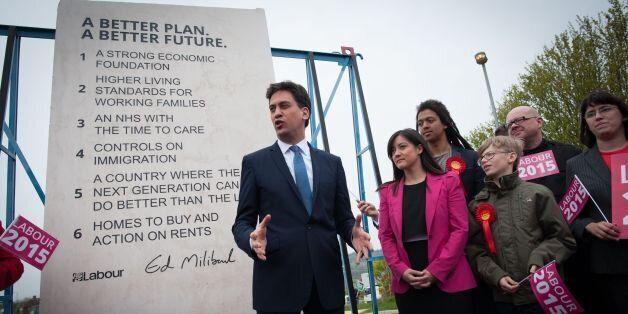 File photo dated 02/05/15 of Labour leader Ed Miliband with Labour's pledges stone plinth during General Election campaigning, as the large stone slab emblazoned with key Labour pledges that went on to symbolise the party's election failure before disappearing from public view has been discovered at a warehouse in London.
