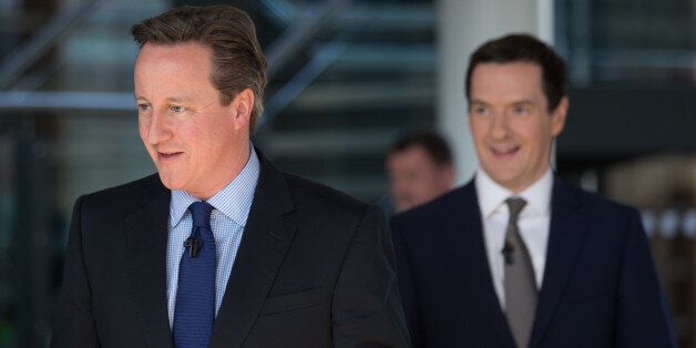 BRISTOL, ENGLAND - APRIL 06: British Prime Minister David Cameron (L) and British Chancellor George Osborne arrive to speak to party supporters gathered at the Bristol and Bath Science Park on April 6, 2015 in Bristol, England. Campaigning continued today in what is predicted to be Britain's closest national election which will take place on May 7. (Photo by Matt Cardy/Getty Images)