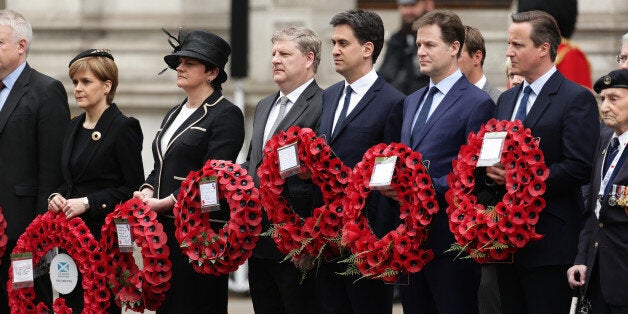 (left to right) SNP party leader Nicola Sturgeon, Northern Ireland politician Arlene Foster, Angus Robertson SNP's leader in the House of Commons, Labour leader Ed Miliband, Liberal Democrat leader Nick Clegg and Prime Minister David Cameron, as they wait to lay wreaths during a Service of Remembrance to mark the 70th anniversary of VE Day, at the Cenotaph, in Whitehall, London.