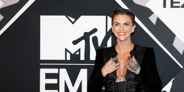 Co-Host Ruby Rose arrives for the 2015 MTV European Music Awards in Milan, Italy, Sunday, Oct. 25, 2015. (AP Photo/Antonio Calanni)