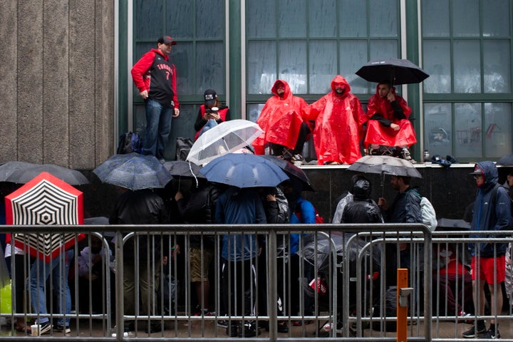 Toronto Raptors fans line up outside the Scotiabank Arena in Toronto on June 10, 2019.