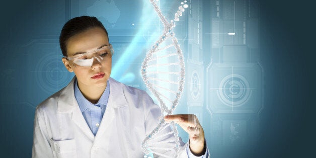 Woman scientist touching DNA molecule image at media screen