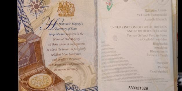The opening pages from the new British passport design that have been unveiled at Shakespeare's Globe Theatre in London.