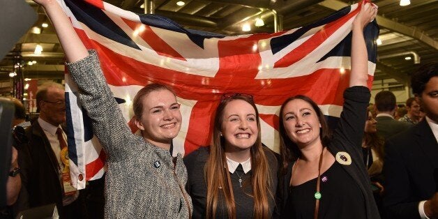 Pro-Union supporters celebrate as Scottish referendum polling results are announced at the Royal Highland Centre in Edinburgh, Scotland, on September 19, 2014. Scotland appeared set to reject independence on Friday with 23 out of 32 voting areas declared and the crucial Glasgow region having given its result. AFP PHOTO / LEON NEAL (Photo credit should read LEON NEAL/AFP/Getty Images)