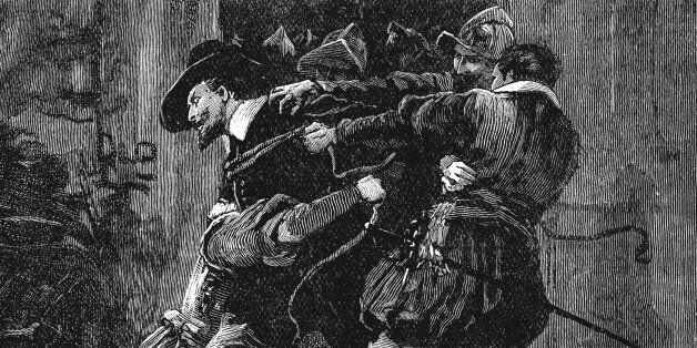 UNSPECIFIED - CIRCA 1754: Gunpowder Plot, Roman Catholic conspiracy to blow up English Houses of Parliament on 5 November 1605 when James I was due to open new session. Arrest of Guy Fawkes in cellars of Parliament. 19th century wood engraving. (Photo by Universal History Archive/Getty Images)