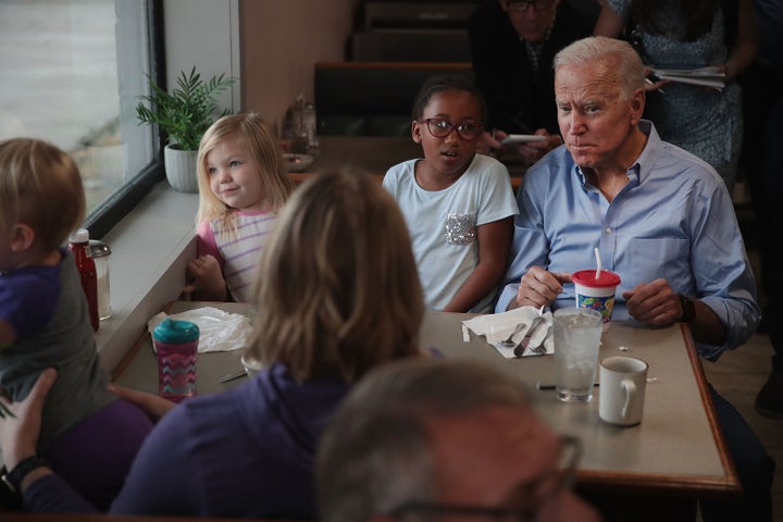 Democratic presidential candidate and former vice president Joe Biden speaks to diners at the Tasty Cafe during a quick campaign stop on June 12, 2019, in Eldridge, Iowa.