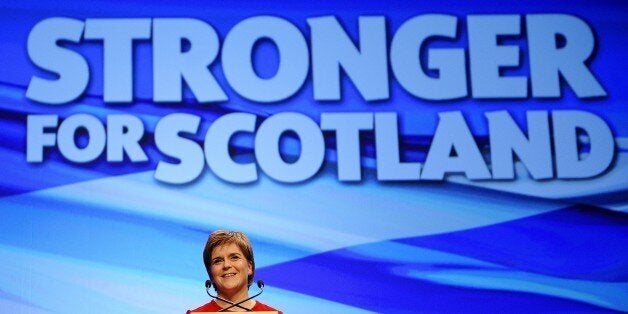 Scotland's First Minister and leader of the Scottish National Party (SNP), Nicola Sturgeon, addresses delegates on the final day of the SNP conference in Aberdeen, northeast Scotland, on October 17, 2015. AFP PHOTO / ANDY BUCHANAN (Photo credit should read Andy Buchanan,Andy Buchanan/AFP/Getty Images)