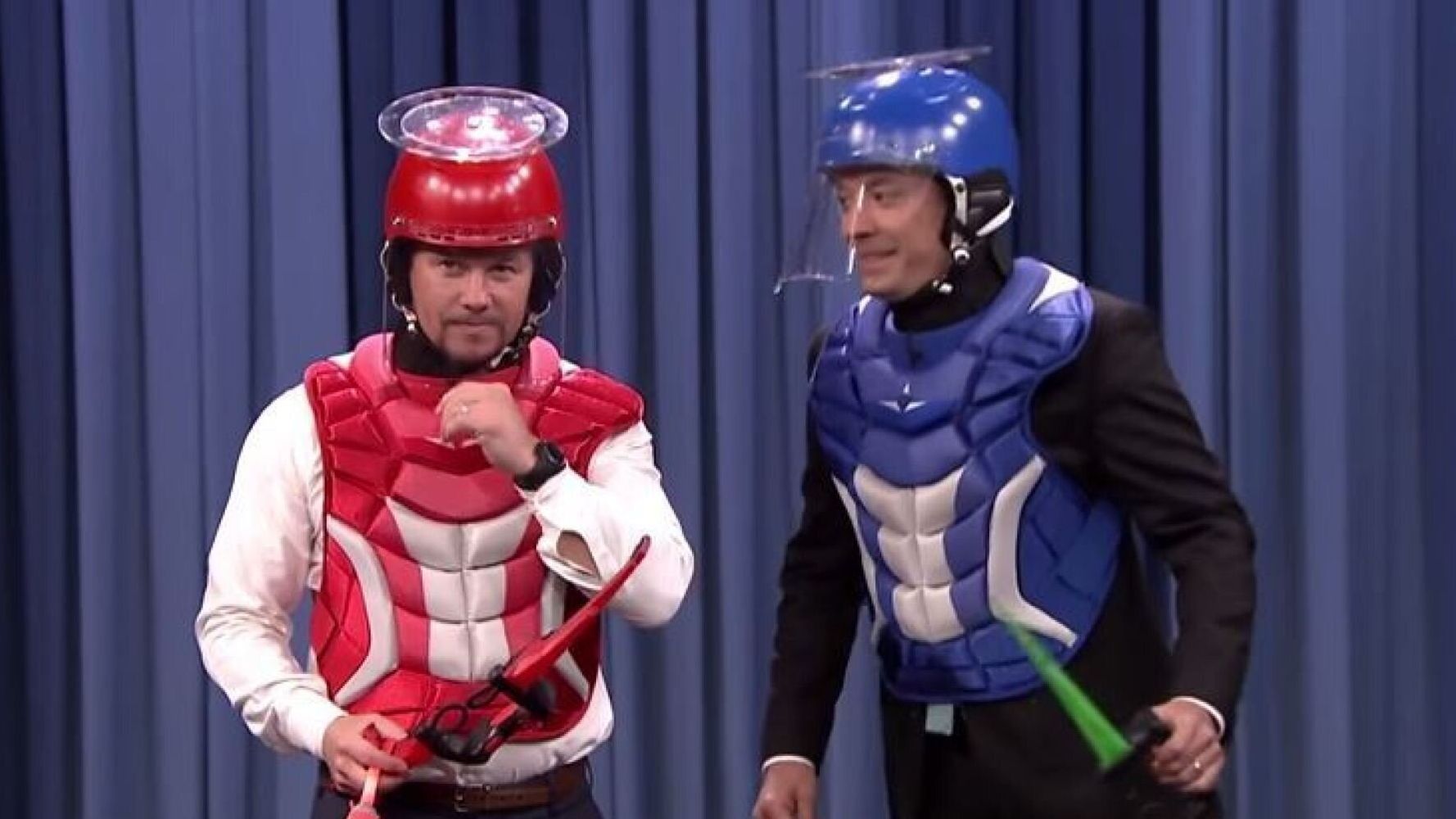 Jimmy Fallon And Mark Wahlberg Try To Shoot Things Off Each Others Heads On The Tonight Show 1070