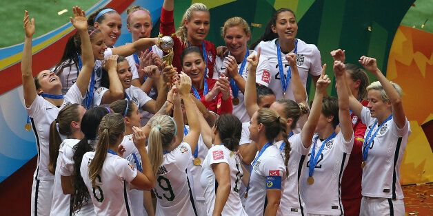 VANCOUVER, BC - JULY 05: United States of America celebrates after winning the FIFA Women's World Cup 2015 final match between USA and Japan at BC Place Stadium on July 5, 2015 in Vancouver, Canada. (Photo by Maddie Meyer - FIFA/FIFA via Getty Images)