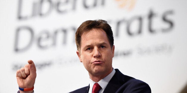 GLASGOW, SCOTLAND - OCTOBER 08: Deputy Prime Minister and Liberal Democrat leader Nick Clegg delivers his keynote speech on the last day of the Liberal Democrat Autumn conference at the SECC on October 8, 2014 in Glasgow, Scotland. During his speech the deputy prime minister is expected to announce that people suffering with mental health problems will be able to see a specialist within 14 days, the same as cancer sufferers. (Photo by Jeff J Mitchell/Getty Images)