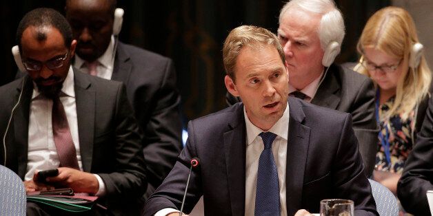 Tobias Ellwood, United Kingdom parliamentary Under Secretary of State speaks during a U.N. Security Council meeting, Friday, Sept. 19, 2014, at the United Nations Headquarters. The Security Council met to discuss the situation of The Islamic State group in Iraq. (AP Photo/Julie Jacobson)