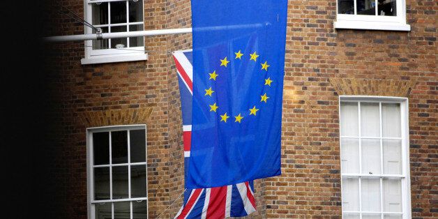 The Union Jack pictured behind the European Union flag in London.