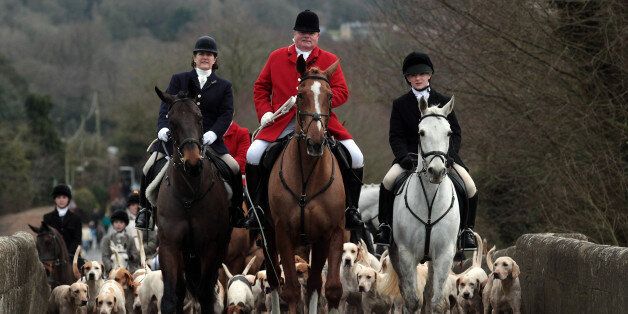 Jonathon Seed, Joint Master and Huntsman with the Avon Vale Hunt, leads the hounds and fellow riders for their traditional Boxing Day hunt in Lacock, England.