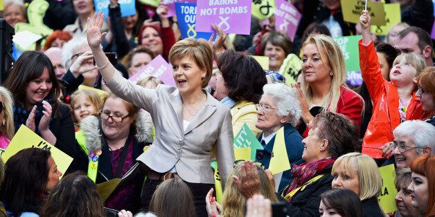 GLASGOW, SCOTLAND - APRIL 25: SNP Leader Nicola Sturgeon joins female activists in Buchanan Street SNP along with actor and campaigner Elaine C Smith to launch the SNP's women's pledge, committing the SNP and its members to delivering policies that promote equality on April 25, 2015 in Glasgow, Scotland. (Photo by Jeff J Mitchell/Getty Images)