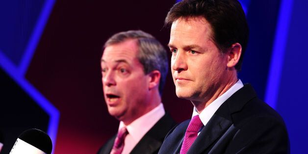 File photo dated 26/03/14 of Deputy Prime Minister Nick Clegg (right) and Ukip leader Nigel Farage, as Clegg has claimed Ukip is "just a movement of angry blokes" trying to become a political party.