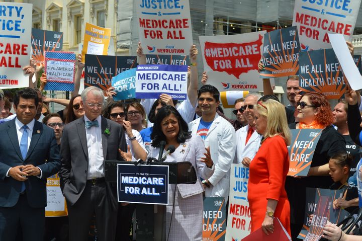 Rep. Pramila Jayapal speaks at a press conference on Medicare for All.