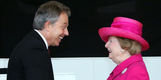 Former British Prime Minister Baroness Thatcher (R) shakes hands with British prime Minister Tony Blair during commemorations marking the 25th anniversary of the Britain-Falklands conflict in London, 17 June 2007. Britain marked 25 years since its last colonial war 17 June, with ex-premier Margaret Thatcher present and Prince Andrew prominent among veterans of the Falklands conflict with Argentina. Andrew, who served as a helicopter pilot in the 1982 conflict in which 907 people died, took the s