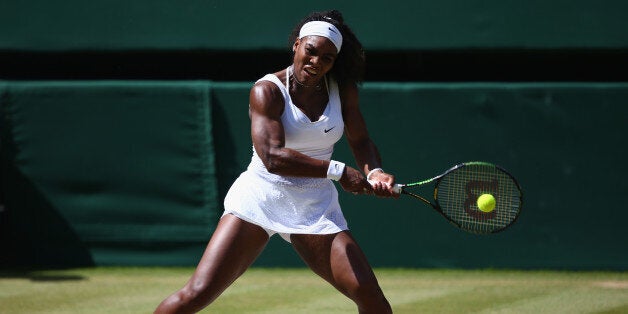 LONDON, ENGLAND - JULY 11: Serena Williams of the United States plays a backhand in the Final Of The Ladies' Singles against Garbine Muguruza of Spain during day twelve of the Wimbledon Lawn Tennis Championships at the All England Lawn Tennis and Croquet Club on July 11, 2015 in London, England. (Photo by Clive Brunskill/Getty Images)